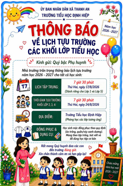 THÔNG BÁO LỊCH TỰU TRƯỜNG NĂM HỌC 2026 - 2027