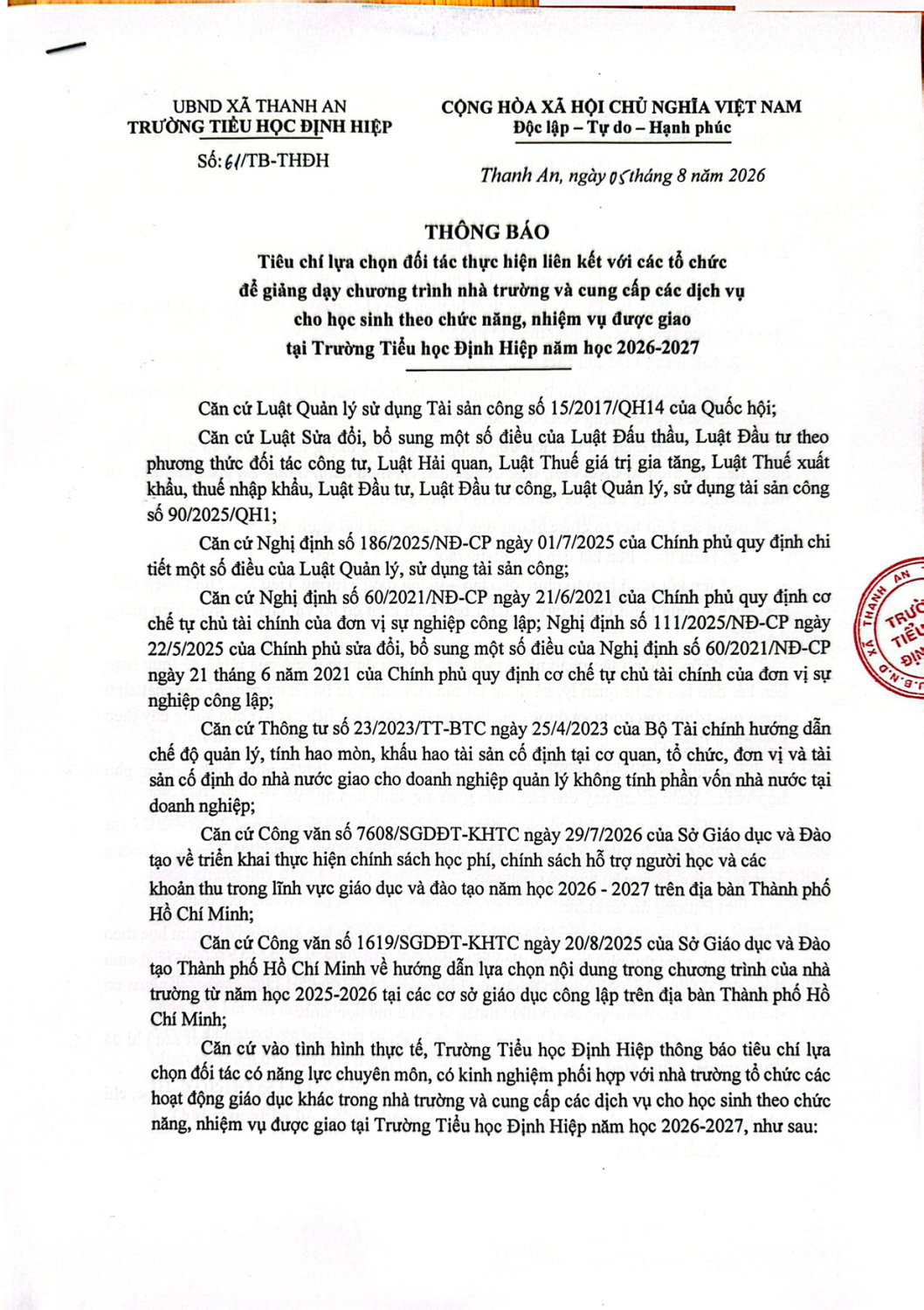 THÔNG BÁO TIÊU CHÍ LỰA CHON ĐỐI TÁC THỰC HIỆN LIÊN KẾT VỚI CÁC TỔ CHỨC ĐỂ THỰC HIỆN HIỆN GIẢNG DẠY TRONG NHÀ TRƯỜNG NĂM HỌC 2026 -2027